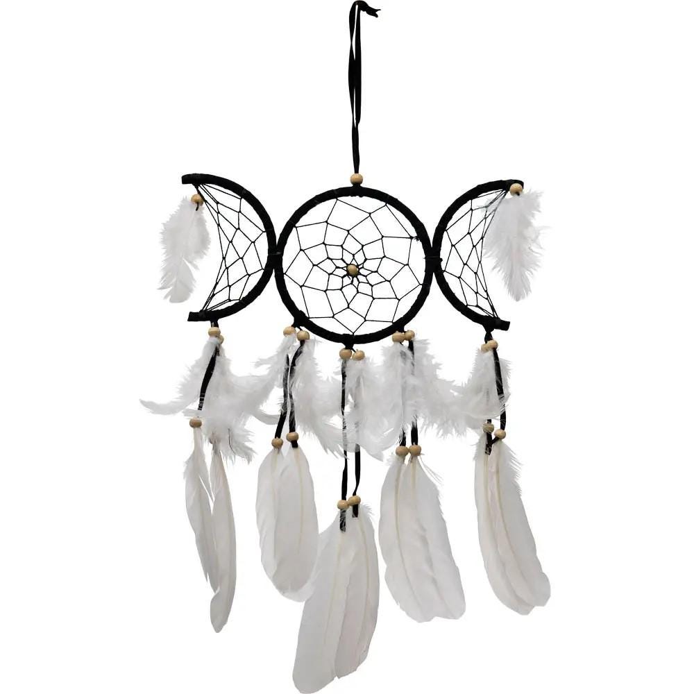 Black Triple Moon Dreamcatcher, medium size dreamcatcher, black dreamcatcher with feathers