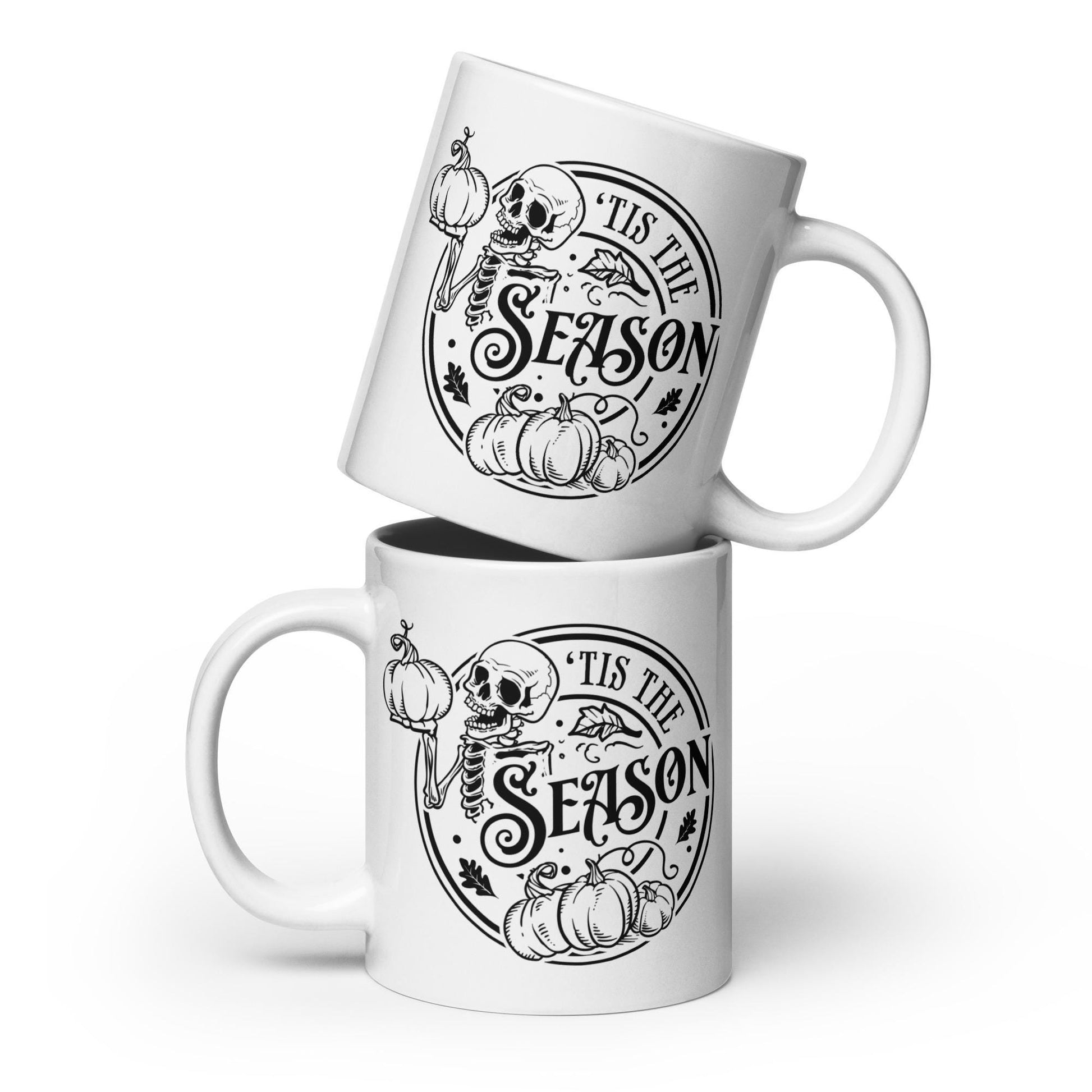 Tis the season coffee mug, skeleton mug, ceramic white glossy mug