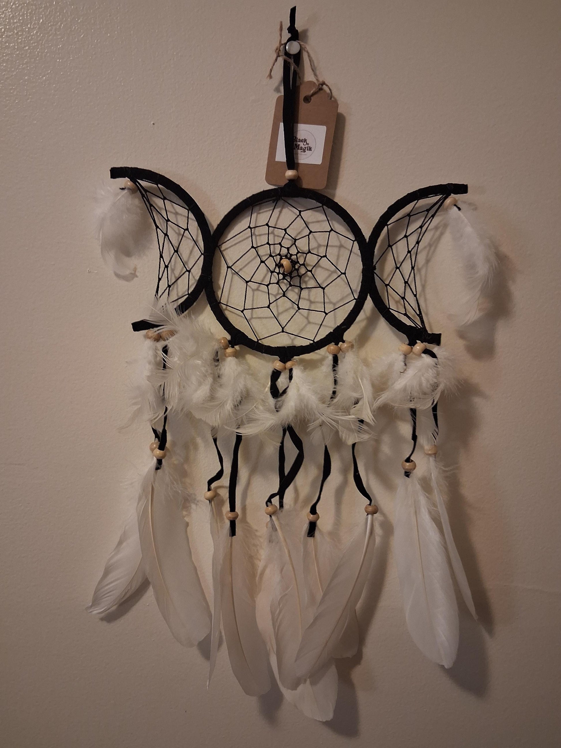 Black Triple Moon Dreamcatcher, medium size dreamcatcher, black dreamcatcher with feathers
