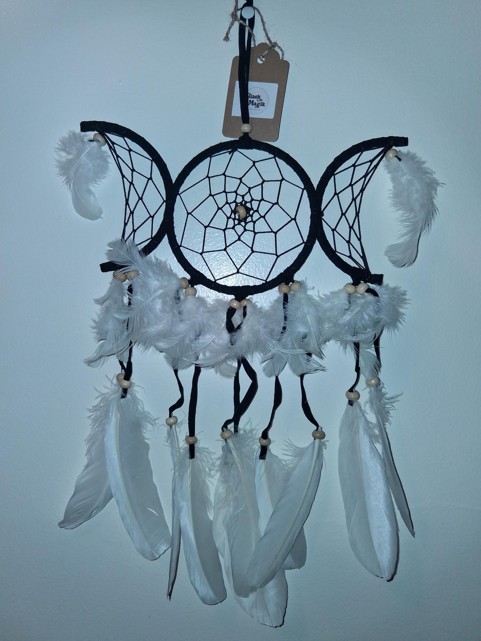 Black Triple Moon Dreamcatcher, medium size dreamcatcher, black dreamcatcher with feathers