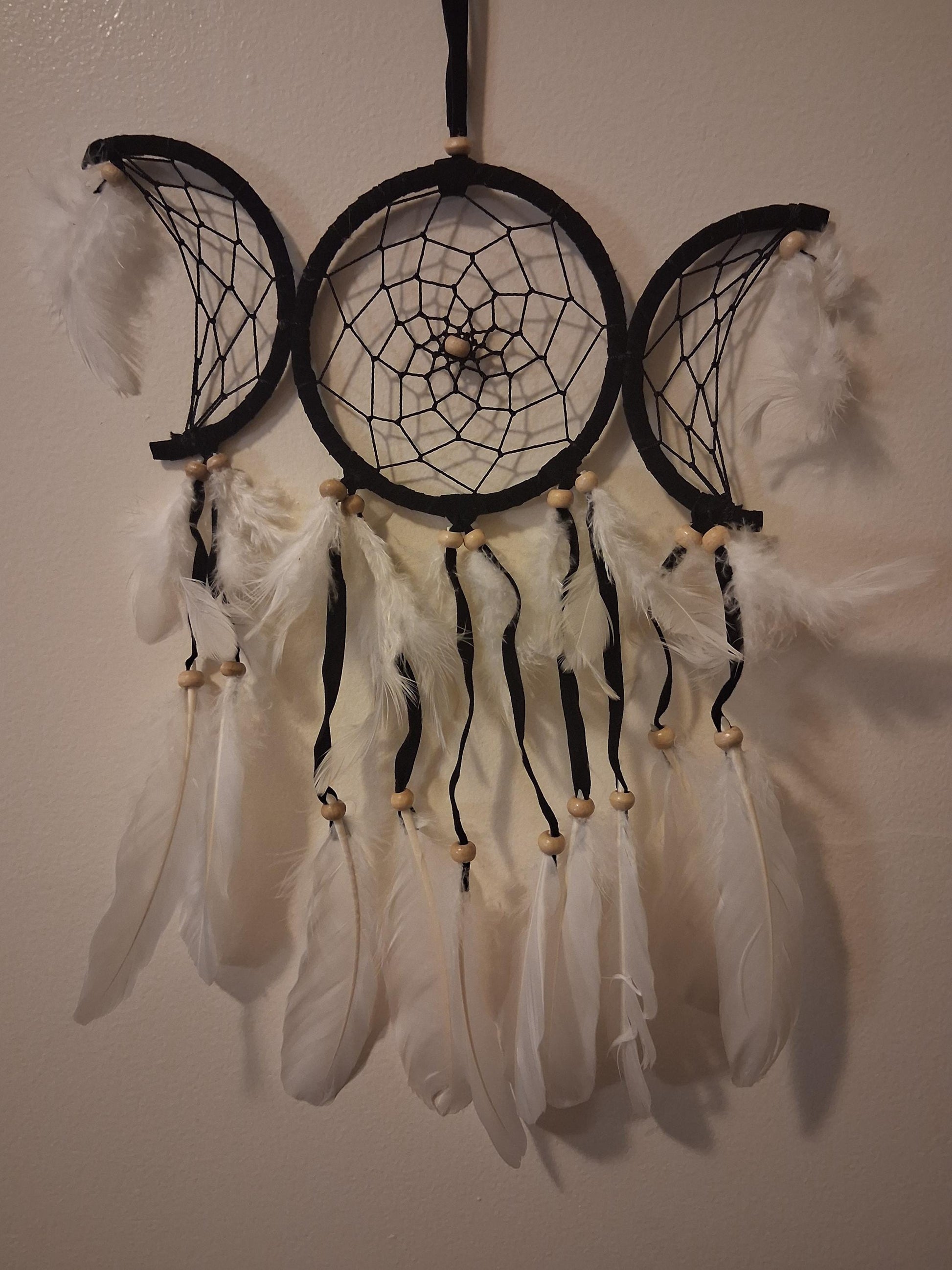 Black Triple Moon Dreamcatcher, medium size dreamcatcher, black dreamcatcher with feathers